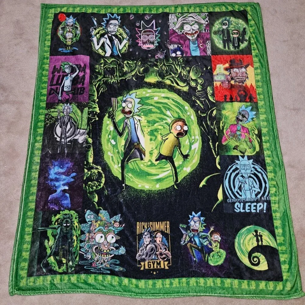 Rick & Morty Fleece Blanket Throw 50x60 Black Green Purple Red